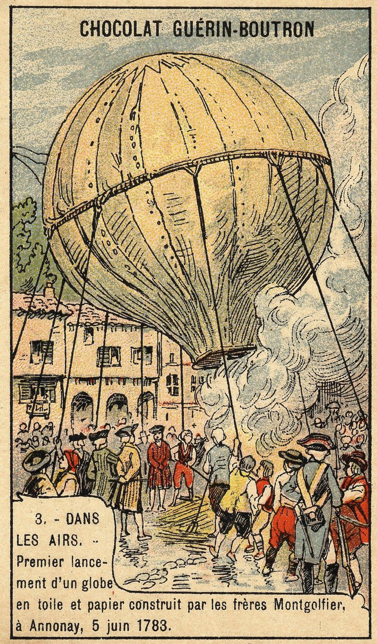 Zkušenost z 5. června 1783 bratry Montgolfierovými v Annonay. Chromo z konce 19. století. od Unknown artist
