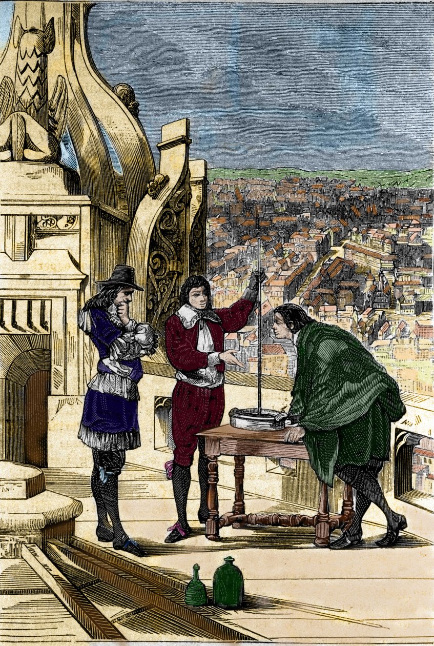Zkušenost Blaise Pascala s rtuťovým barometrem na vrcholu Tour Saint Jacques la Boucherie v Paříži. od Unknown artist
