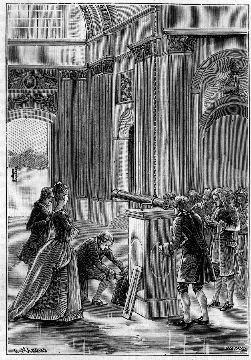 Zkušenost Pierra Bouguera (1698-1758) v Dome des Invalides (Paříž) s demonstrací rozpínání těles teplem (1745). Rytina v "" Příroda: přehled věd a jejich aplikací v umění a průmyslu "" z 27. dubna 1895. od Unknown artist
