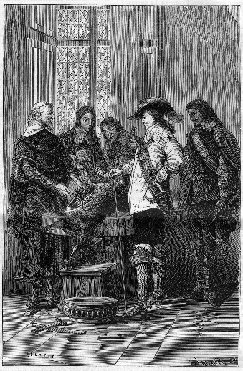 Zkušenosti Williama Harveyho (1578-1657), anglického lékaře ukazující Charlese I. Stuarta (1600-1649), anglického krále a lékařů z Royal College of London, fenomén krevního oběhu na živé lani. Gravírování do ""La Nature"" od Unknown artist