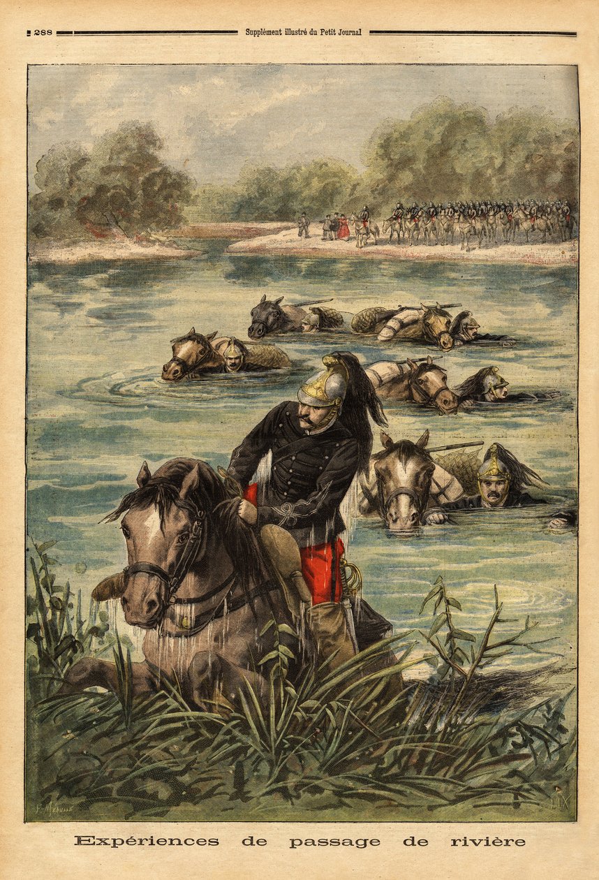 Zkušenost s průchodem řeky 7. plukem draků ve Fontainebleau. Rytina v „“ Le petit journal“ 6/09/1896. Selva sbírka. od Unknown artist