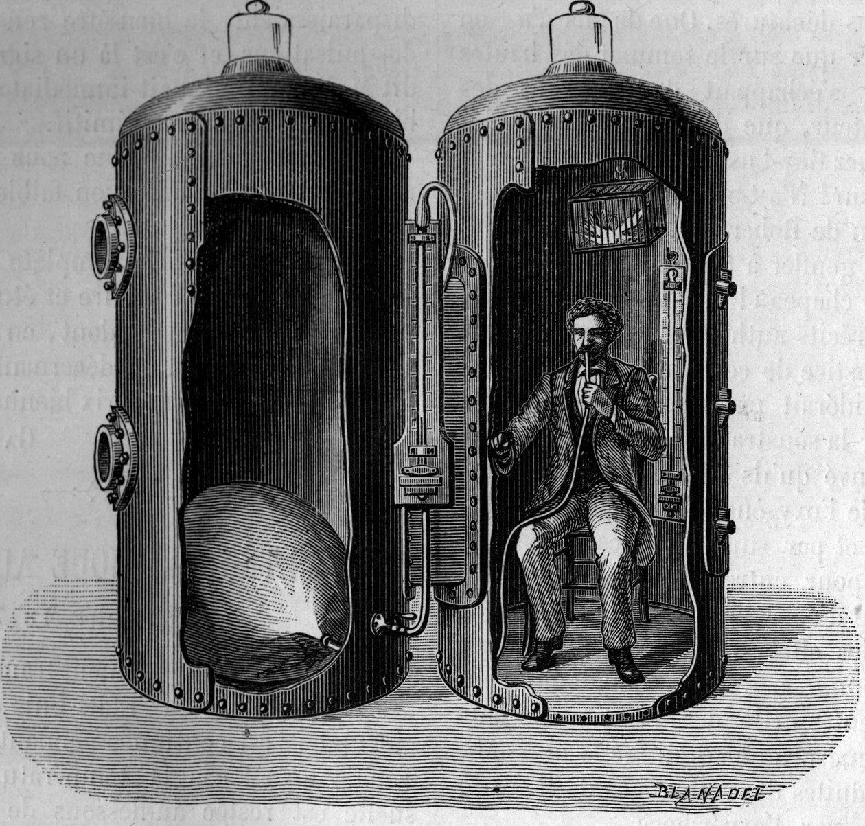 Zkušenosti s barometrickým tlakem od fyziologa Paula Berta (1833-1886): dýchání suroxygenního vzduchu, dilatuje se snižováním tlaku. Rytina v „“ La Nature: revue des sciences et de leurs applications aux arts et a l