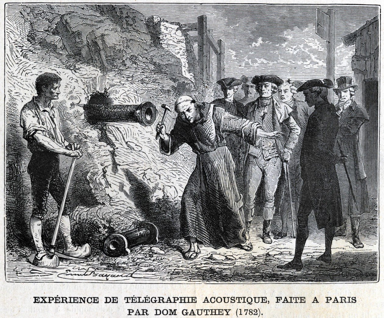 Experiment v akustické telegrafii, vyrobený v Paříži Gautheyem v roce 1782, rytina 19. století, sbírka Bianchetti. od Unknown artist