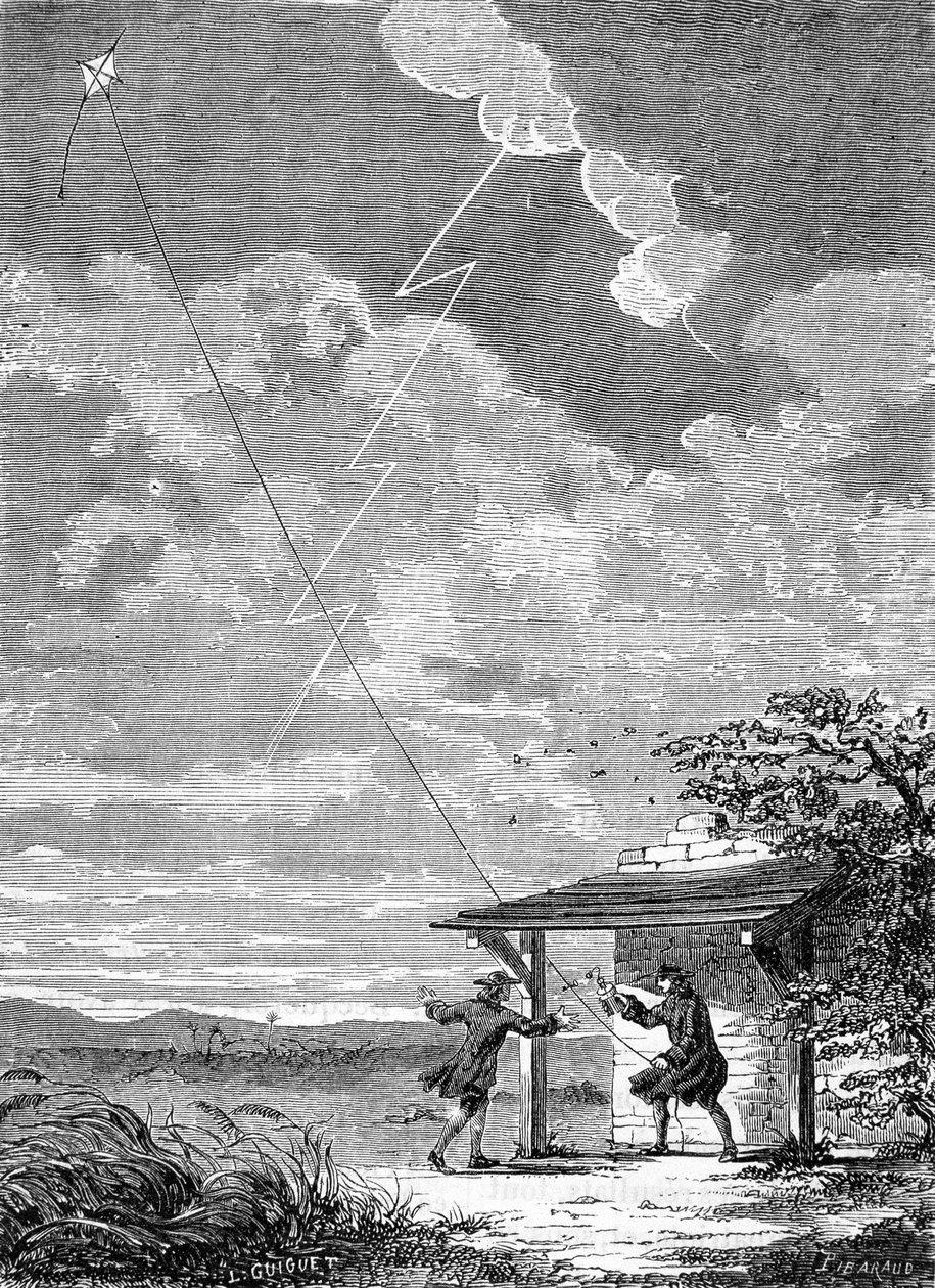 Experiment elektrického draka vyrobený ve Philadelphii Benjaminem Franklinem, září 1752 - rytina od Unknown artist