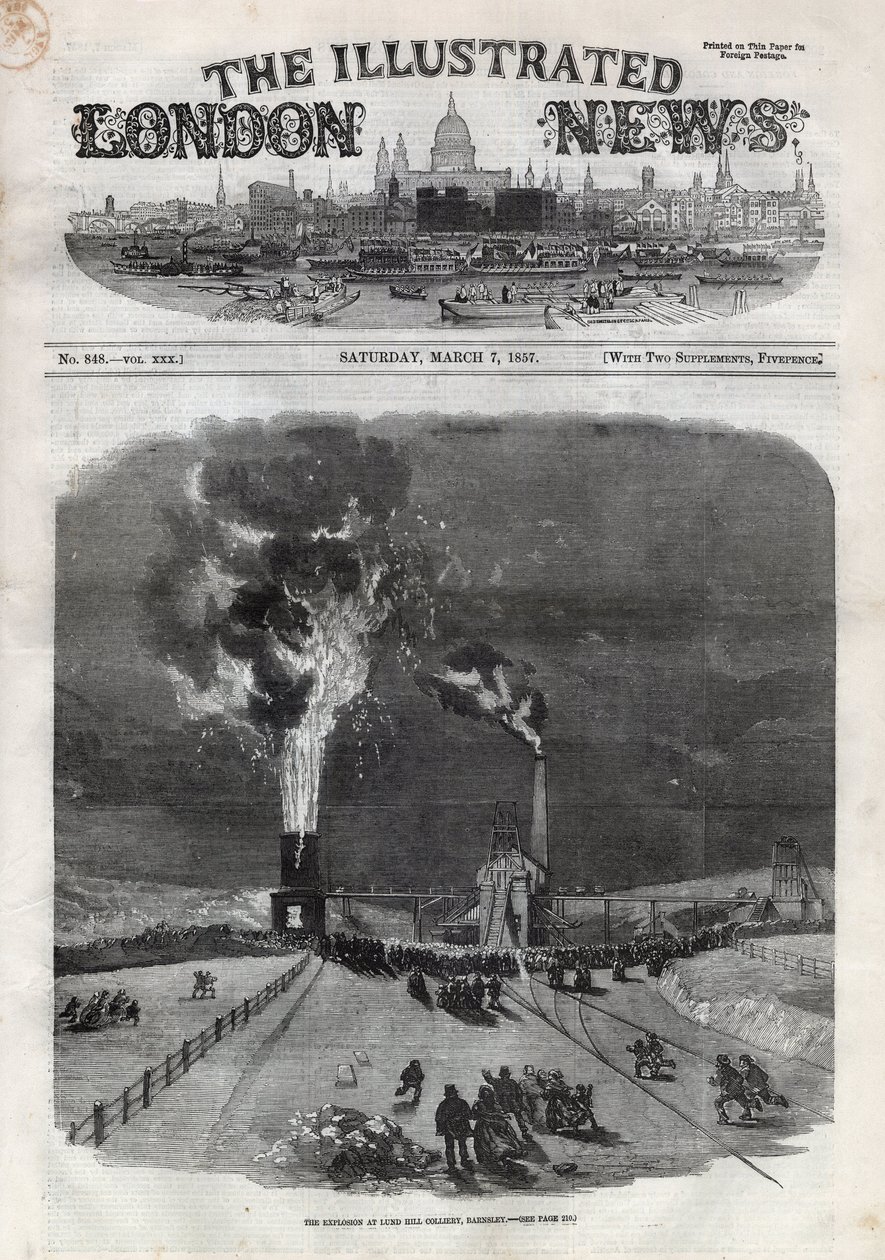 Exploze v uhelném dole Lund Hill (Lundhill) v Barnsley, Anglie. Noviny. Rytina do „“The Illustrated London News““ ze 7. března od Unknown artist