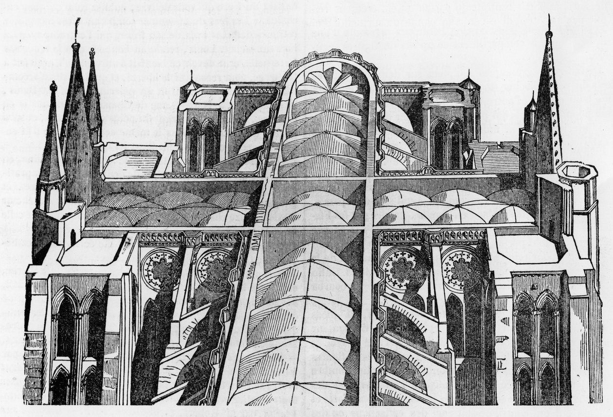 Exteriér a horní část Cathedrale de Chartres (28) od požáru 4. a 5. června - v „Le magasin malebném“, červenec 1836. od Unknown artist