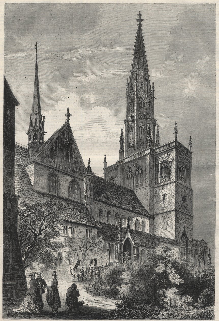 Vnější pohled na katedrálu Notre Dame v Kostnici, Německo. Gravírování v „The Universe Ilustrious“ od Unknown artist