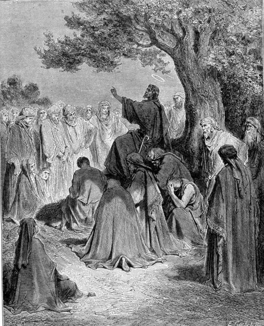 Výtah z evangelia svatého Matouše. Ježíš Kristus káže před zástupem svých učedníků. Rytina 19. století. od Unknown artist