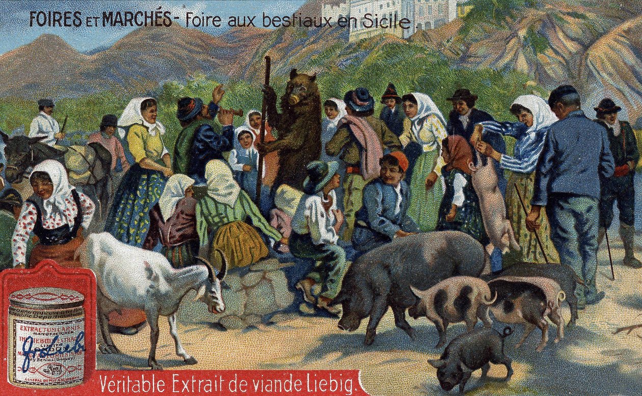 Veletrhy a trhy: dobytčí jarmark na Sicílii. Chromolitografie, Liebigův snímek. od Unknown artist