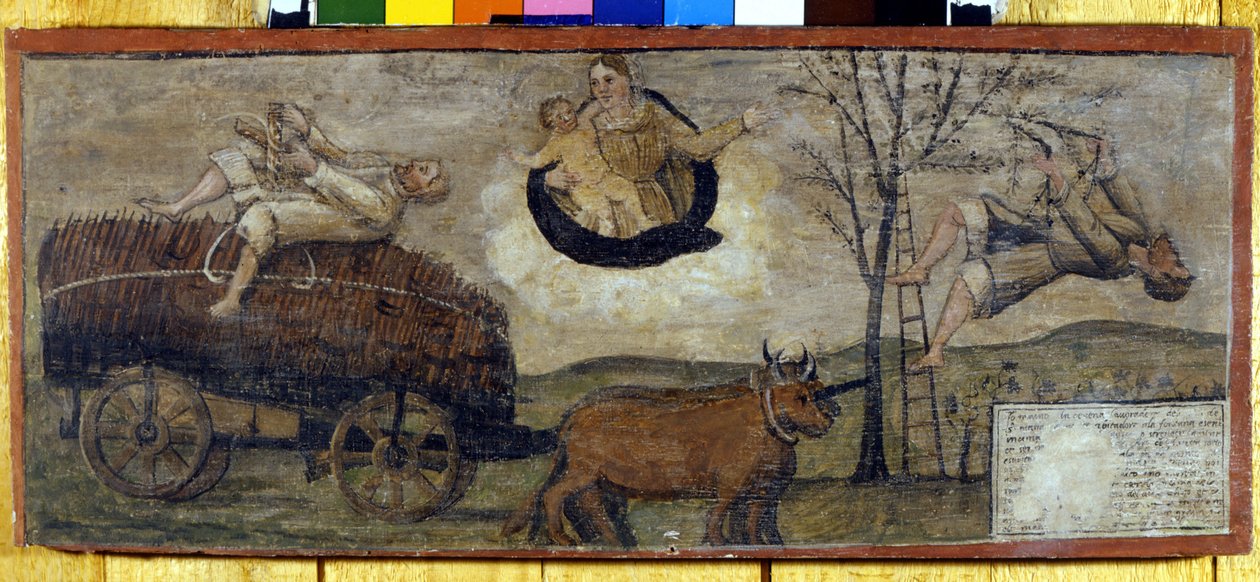 Pád stromu na vozík plný sena. od Unknown artist