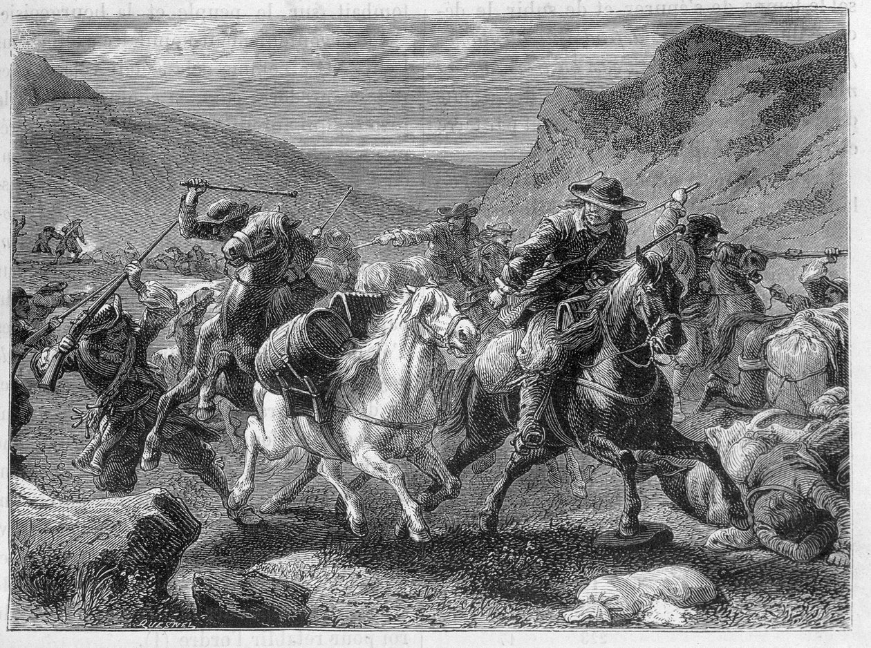 Falešní sauniers (False sauniers) útočí v záloze králových vojáků - v „Zázracích průmyslu“ od Louise Figuiera od Unknown artist