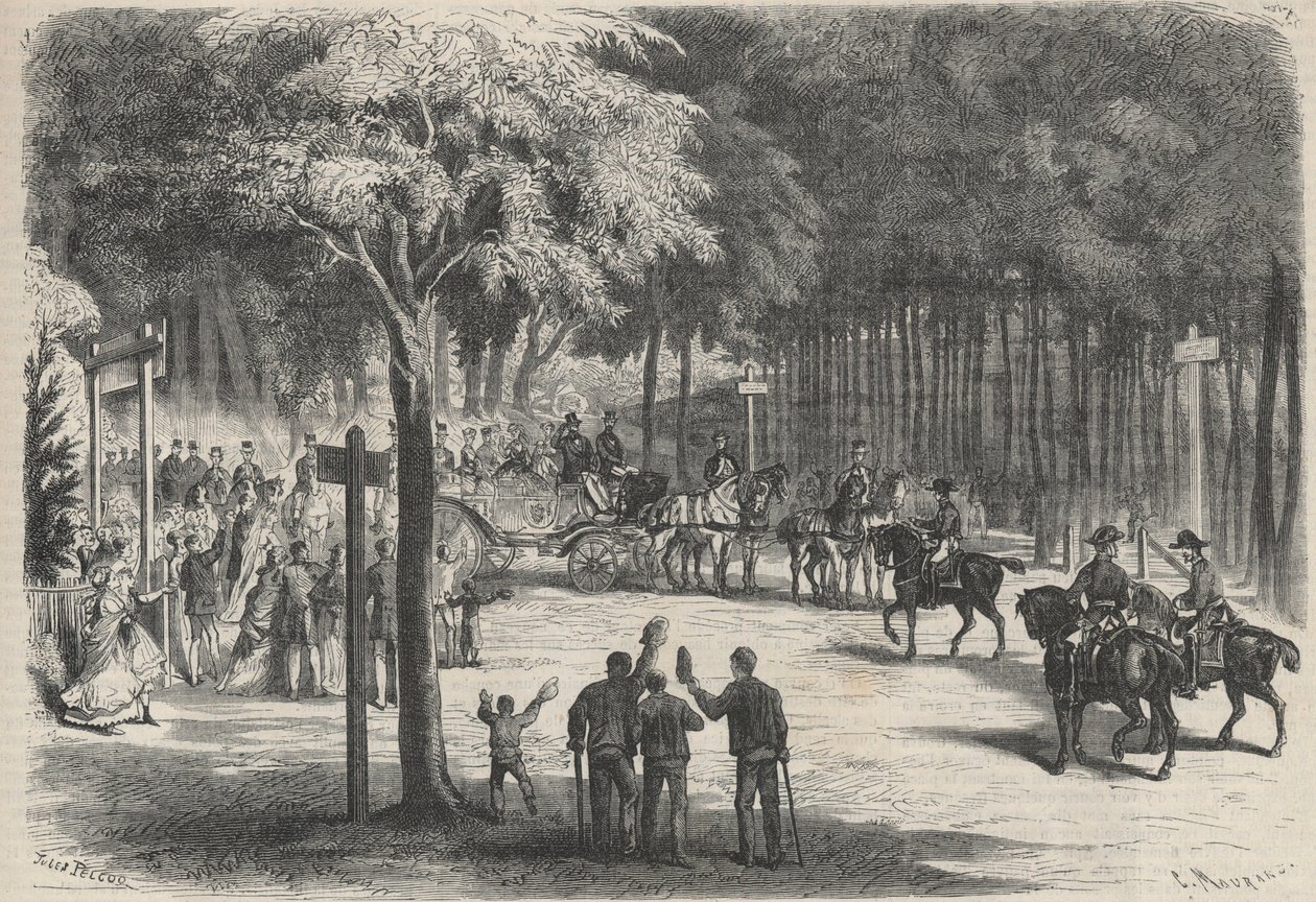 Rodinný pobyt ve Fontainebleau: exkurze jejich Veličenstva do ruin Franchartu. Svatba vítá cestu císaře Napoleona III. (1808-1873) a jeho rodiny. Rytina do „The Universe Ilustrious“ od Unknown artist