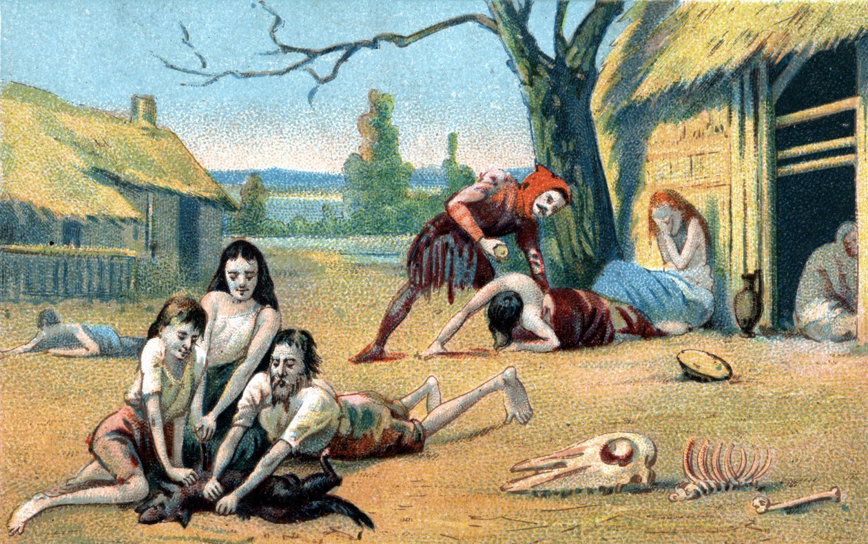 Hladomor ve středověku. Chromolitografie 19. století od Unknown artist