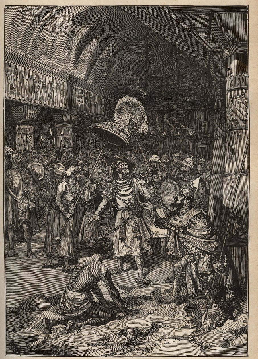 Slavné diamanty: Lahoreův maharadža, Ranjit Singh (1780-1839), přebírá diamant Koh-i Nor (Koh i Nor, Kuh-e Nur, Kuh e Nur, Koh-i-noor, Koh i Noor). Rytina z roku 1885 v „“Les arts et metiers illustres““ od Adolphe BITARDA. od Unknown artist