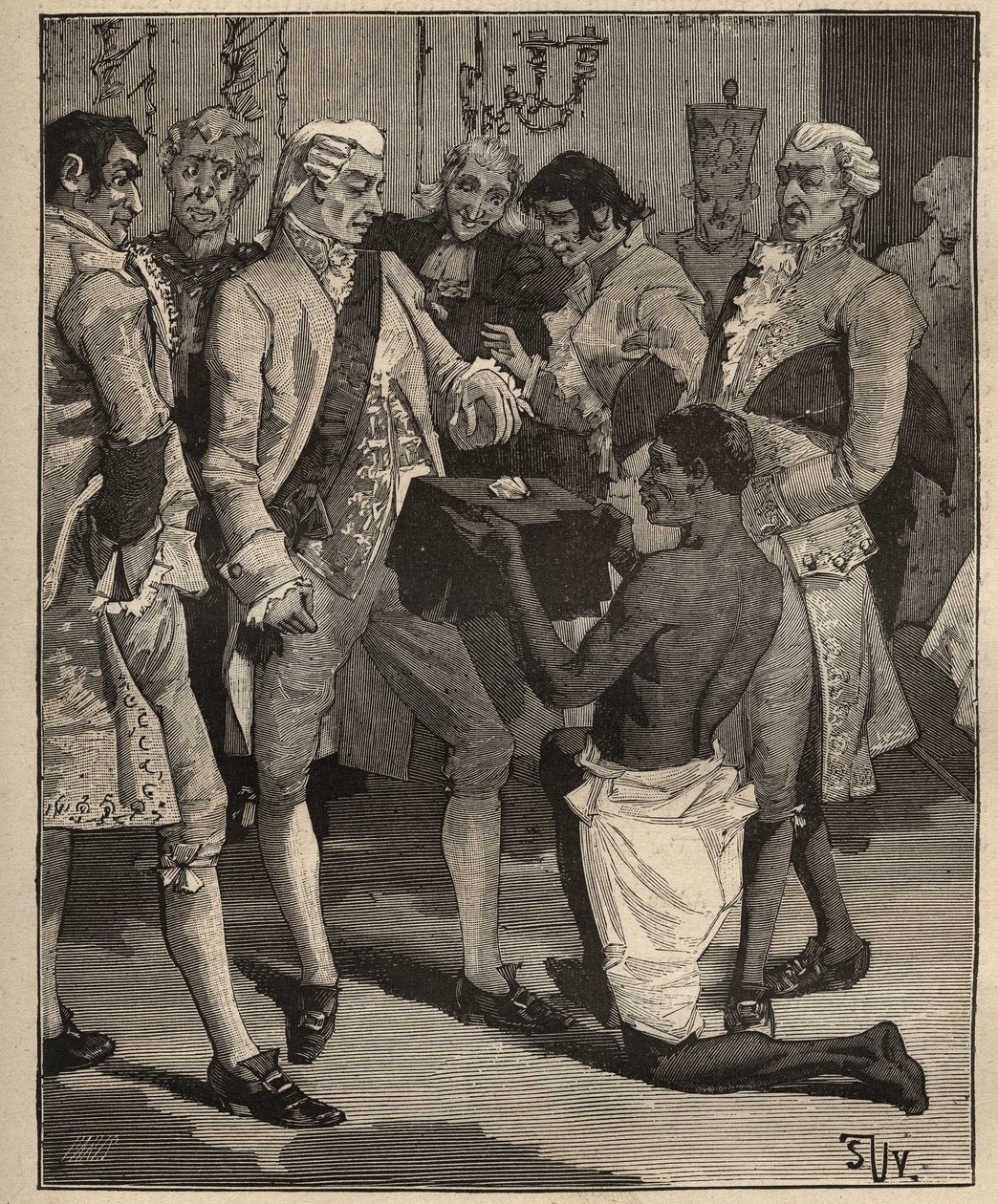 Slavné diamanty: „Zázraky divů“ představené brazilskému císaři Joaovi VI. Portugalskému (Jan VI známý jako Klement) (1767-1826), v roce 1809. Rytina z roku 1885 v „“ Les arts et metiers illustres““ od Adolfa BITARDA. od Unknown artist