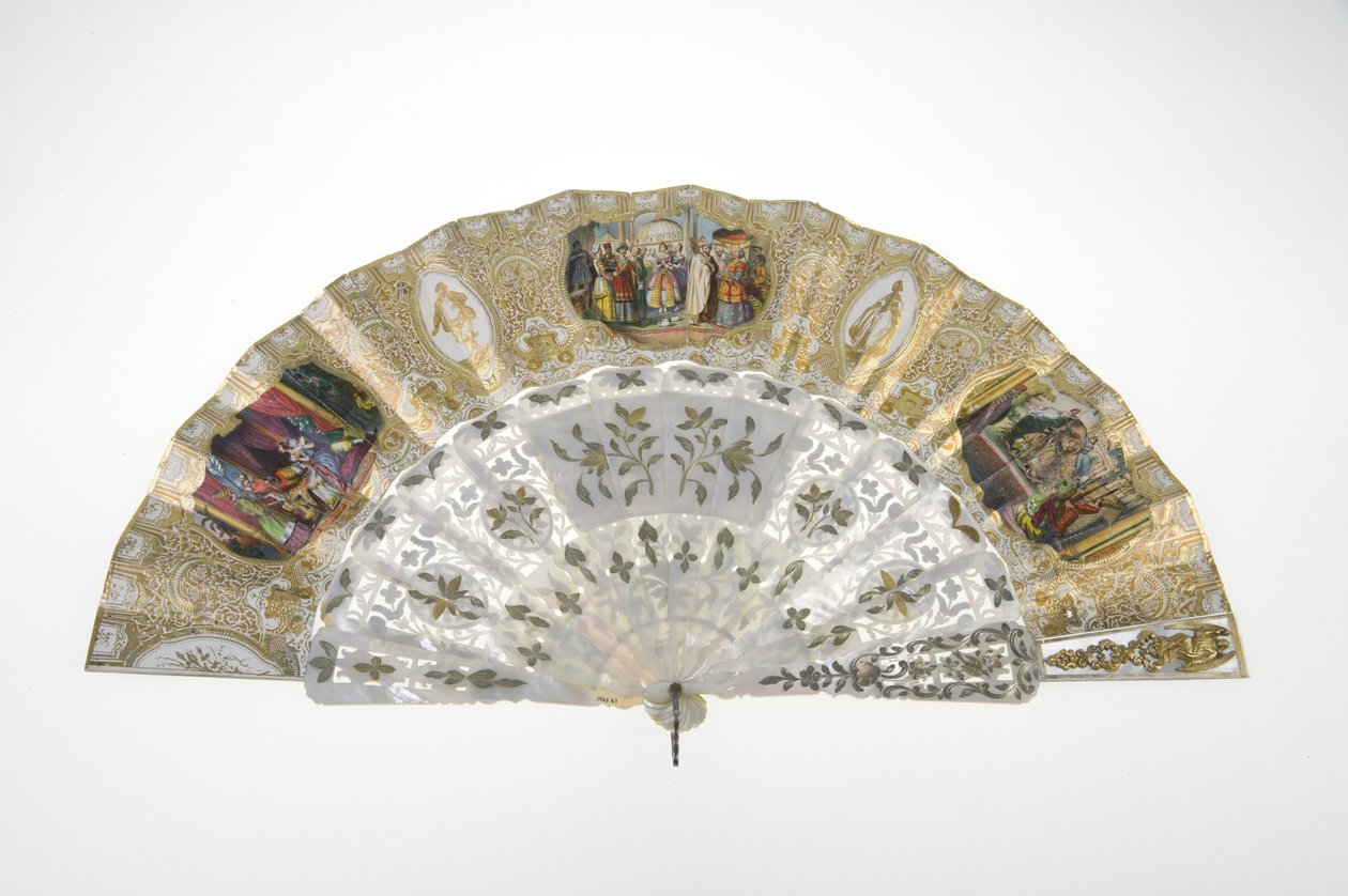 Vějíř, kolem roku 1860, Tištěný a malovaný papír, perleť, zlato, stříbro a měděné kovy a zrcadlo, Výrobce neznámý od Unknown artist