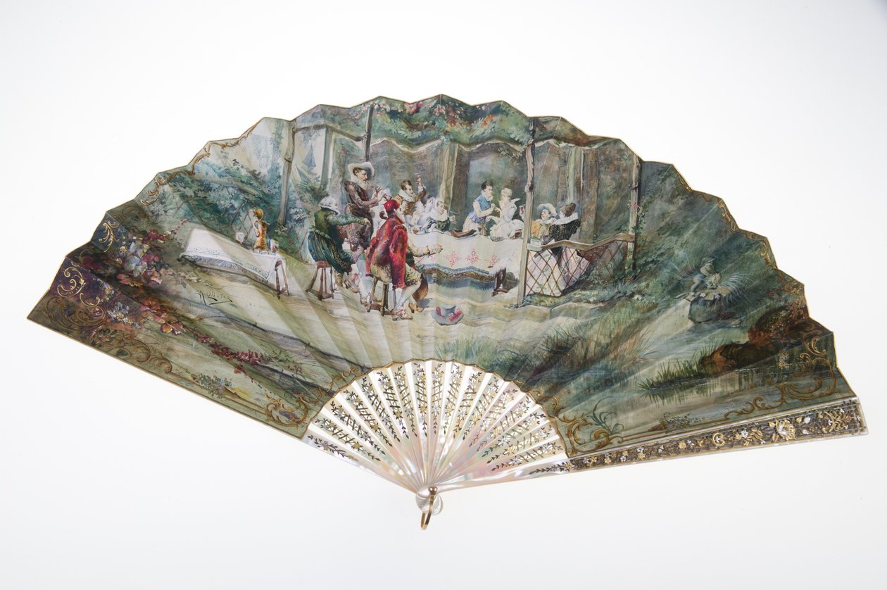 Vějíř, kolem roku 1870, Tištěný a malovaný papír, perleť, zlato, stříbro a měděné kovy a zrcadlo, Výrobce neznámý od Unknown artist