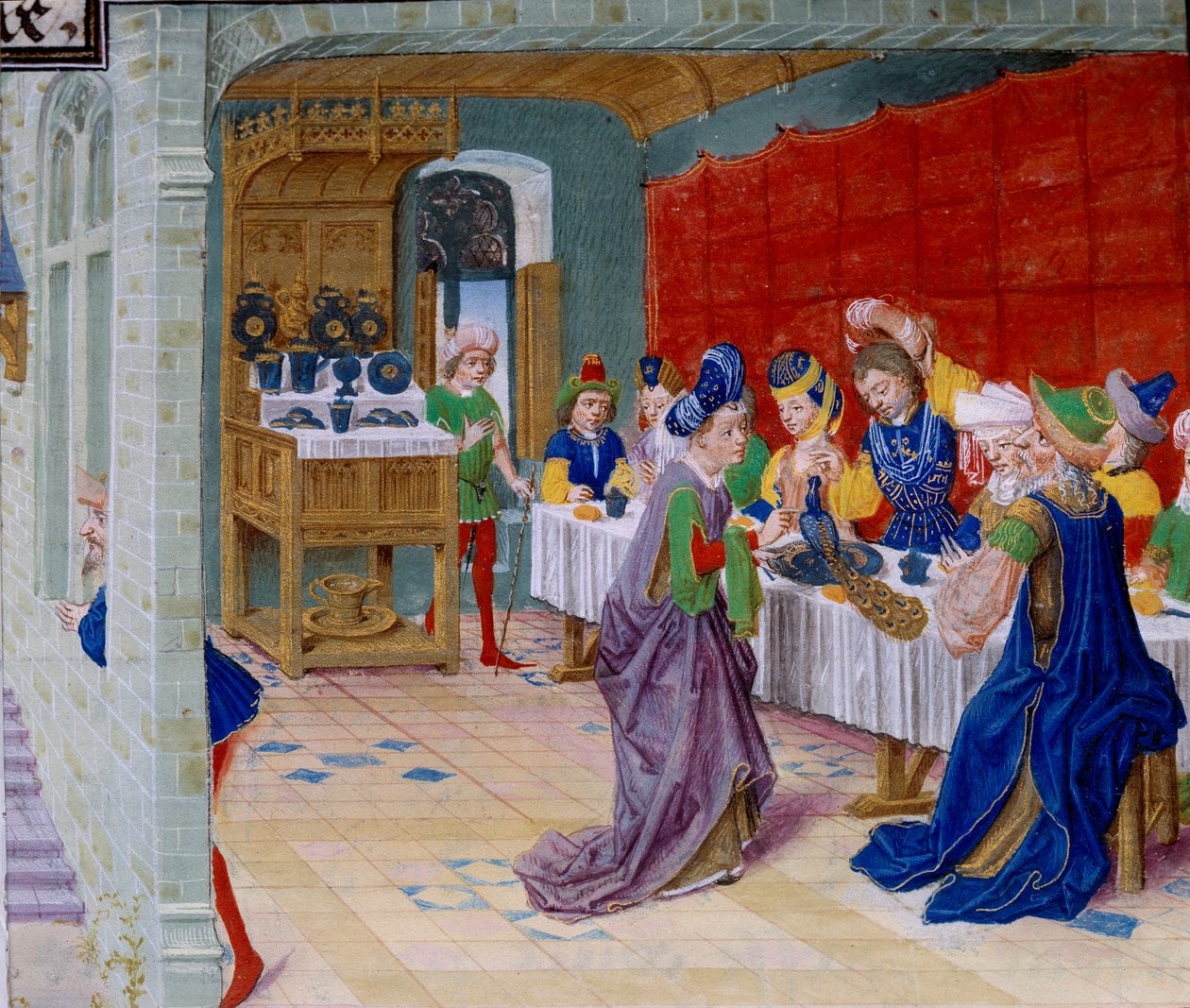 Scéna s hodovým jídlem, na stole se podává páv. Miniatura převzatá z „La Vraye Histoire du Bon Roy Alixandre““ od Callisthenes nebo Kallisthenes (asi 360-328 př.nl) od Unknown artist