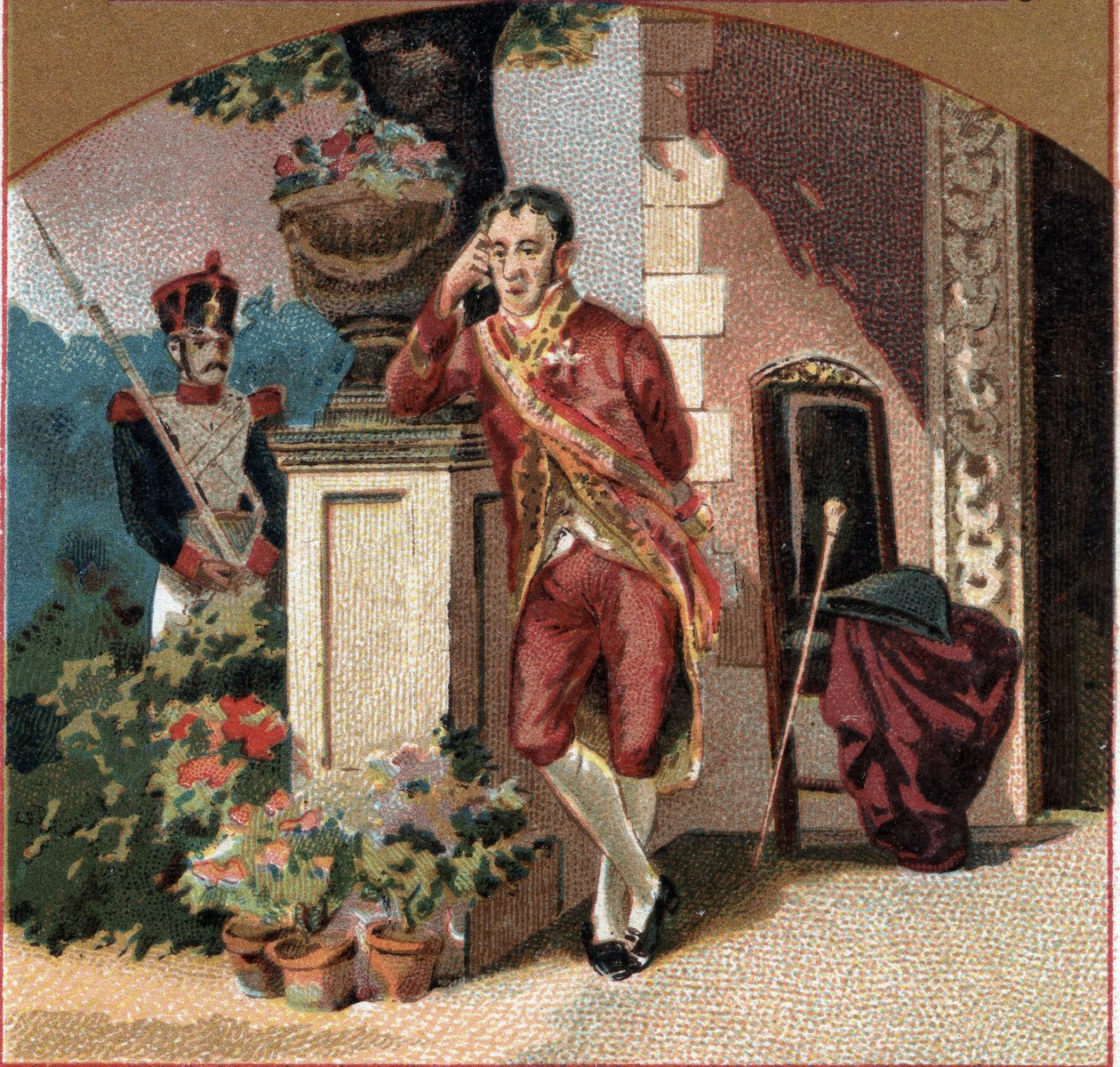 Ferdinand VII Španělský (1784-1833), vězeň Napoleona I. na zámku Valencay (Indre). Chromolitografie konce 19. století od Unknown artist