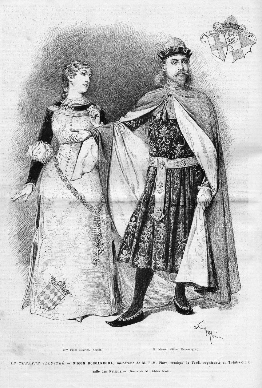 Fides Devries v roli Amélie a Victora Maurelových (1848 -1923) v roli Simona Boccanegry ve eponymní opeře o třech jednáních Giuseppe Verdiho, libreto Francesca Maria Piavea podle kusu Antonia Garcíi Gutierreze, představitele Itali od Unknown artist