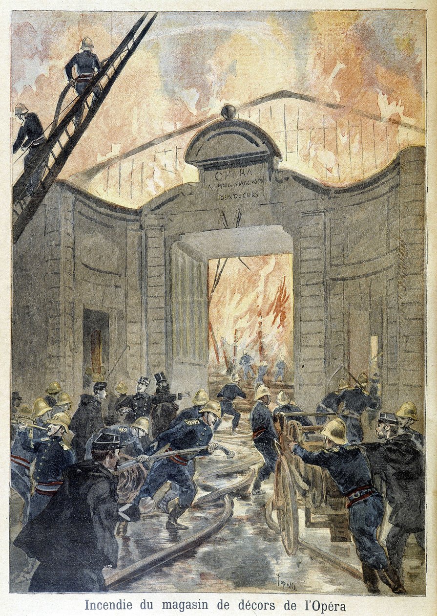 Zásah hasičů při požáru výzdoby opery. ilustrace „Petity Journal“ v roce 1894. od Unknown artist