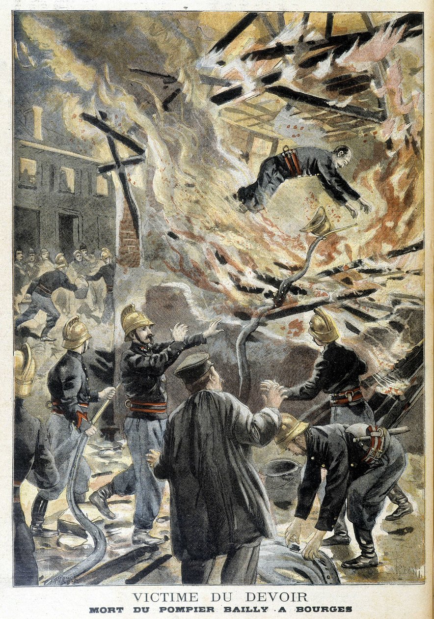 Hasič Bailly zemřel v Bourges při požáru během zásahu. Ilustrace „Malý žurnál“ z roku 1898. od Unknown artist