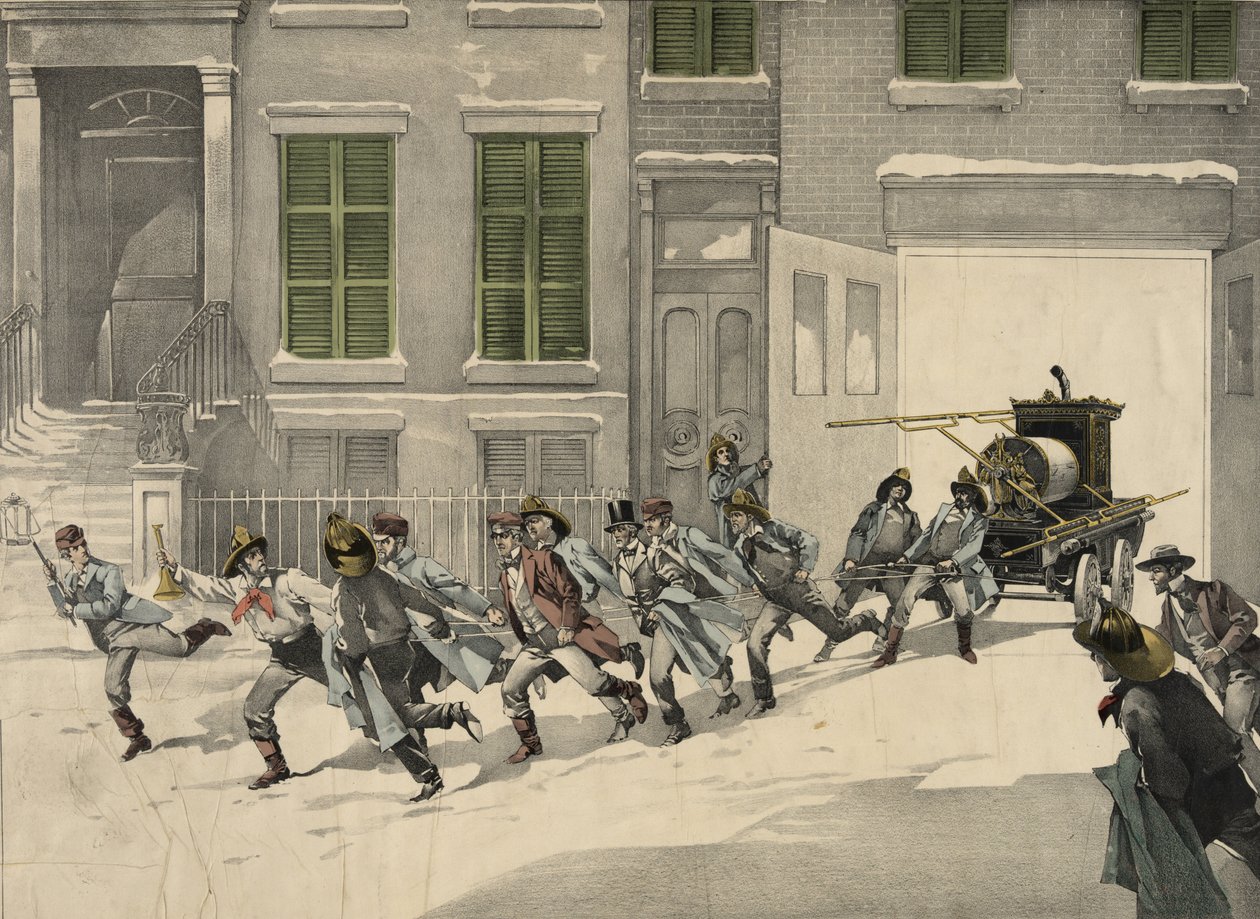 Hasiči odjíždějí tísňová volání na místě požáru, akvarel z roku 1895. USA od Unknown artist