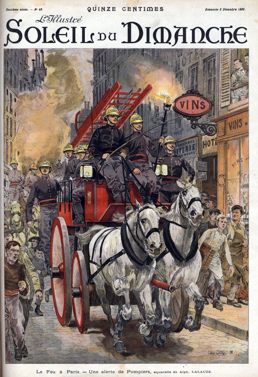 Požár v Paříži: poplach hasičů. Rytina v „Le sun-du-dimanche“, 3. prosince od Unknown artist