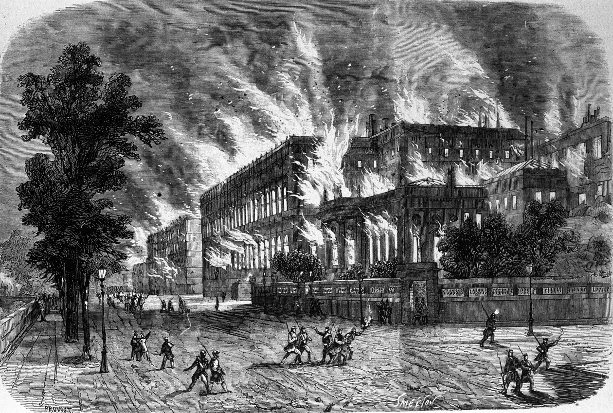 Požár Účetního dvora a Čestné legie dne 23. března 1871 během komuny v Paříži. Rytina 19. století. od Unknown artist