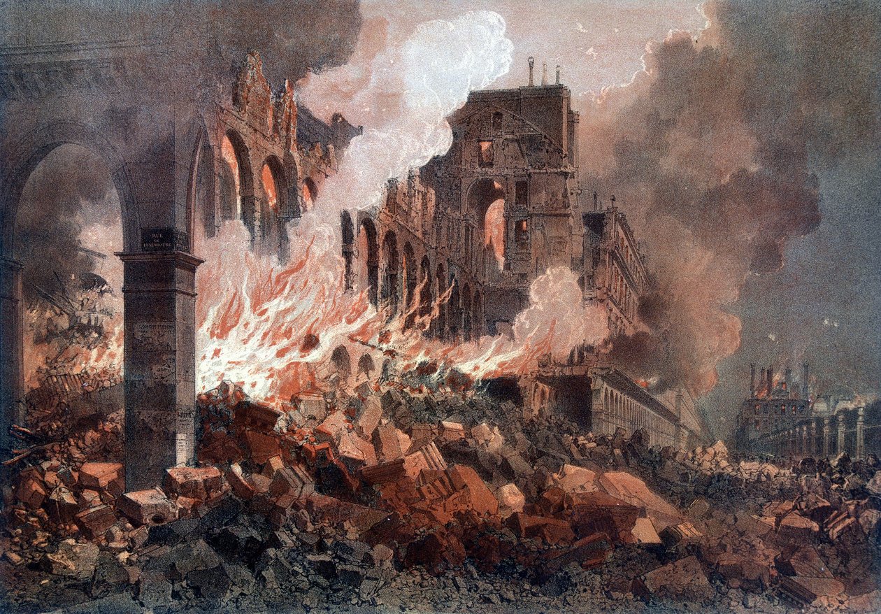 Požár ministerstva financí (v té době v Tuileries) 24. května 1871 - litografie, konec 19. stol. od Unknown artist