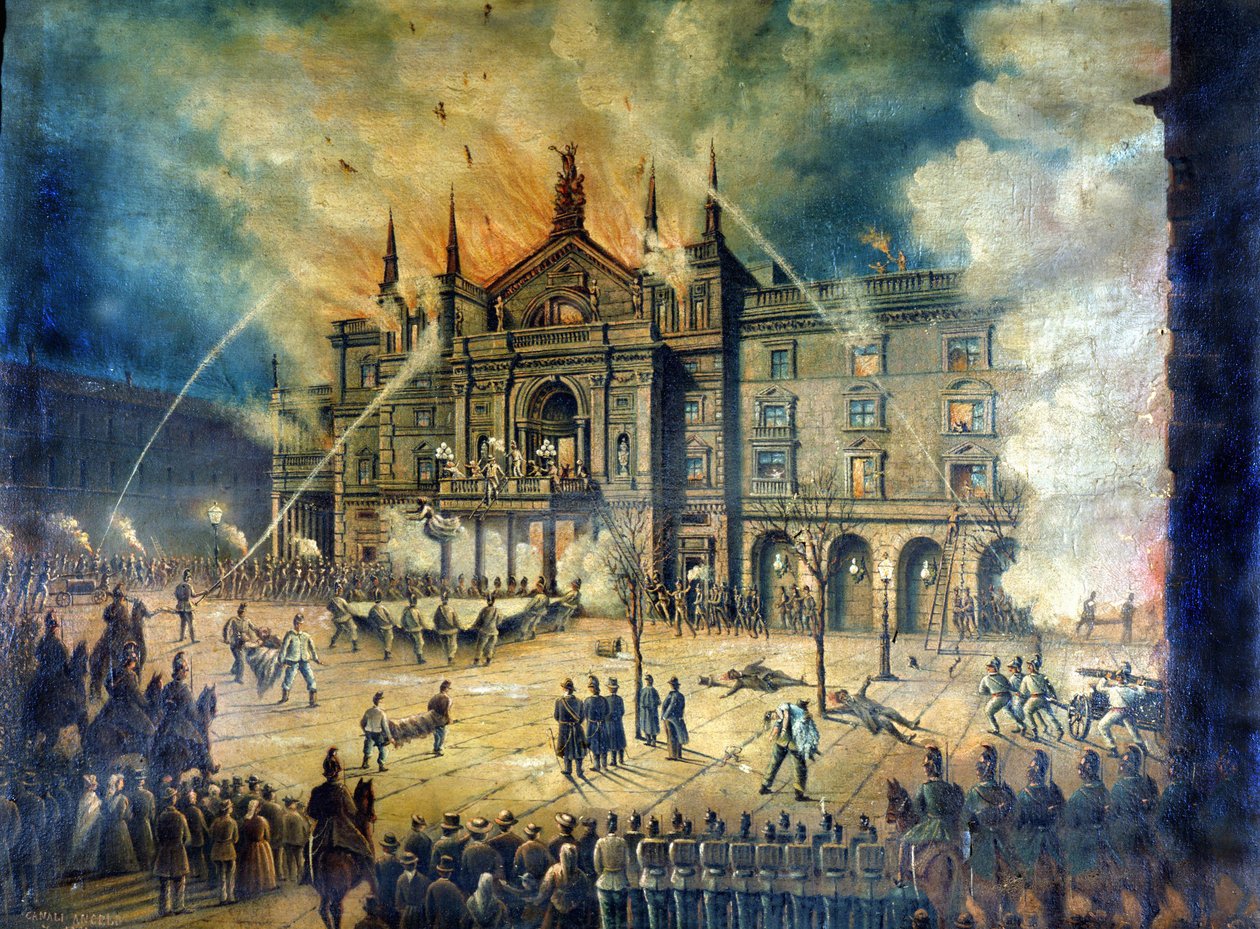 Požár vídeňské opery Wiener Ringtheater v roce 1881. Kresba z 19. století od Unknown artist