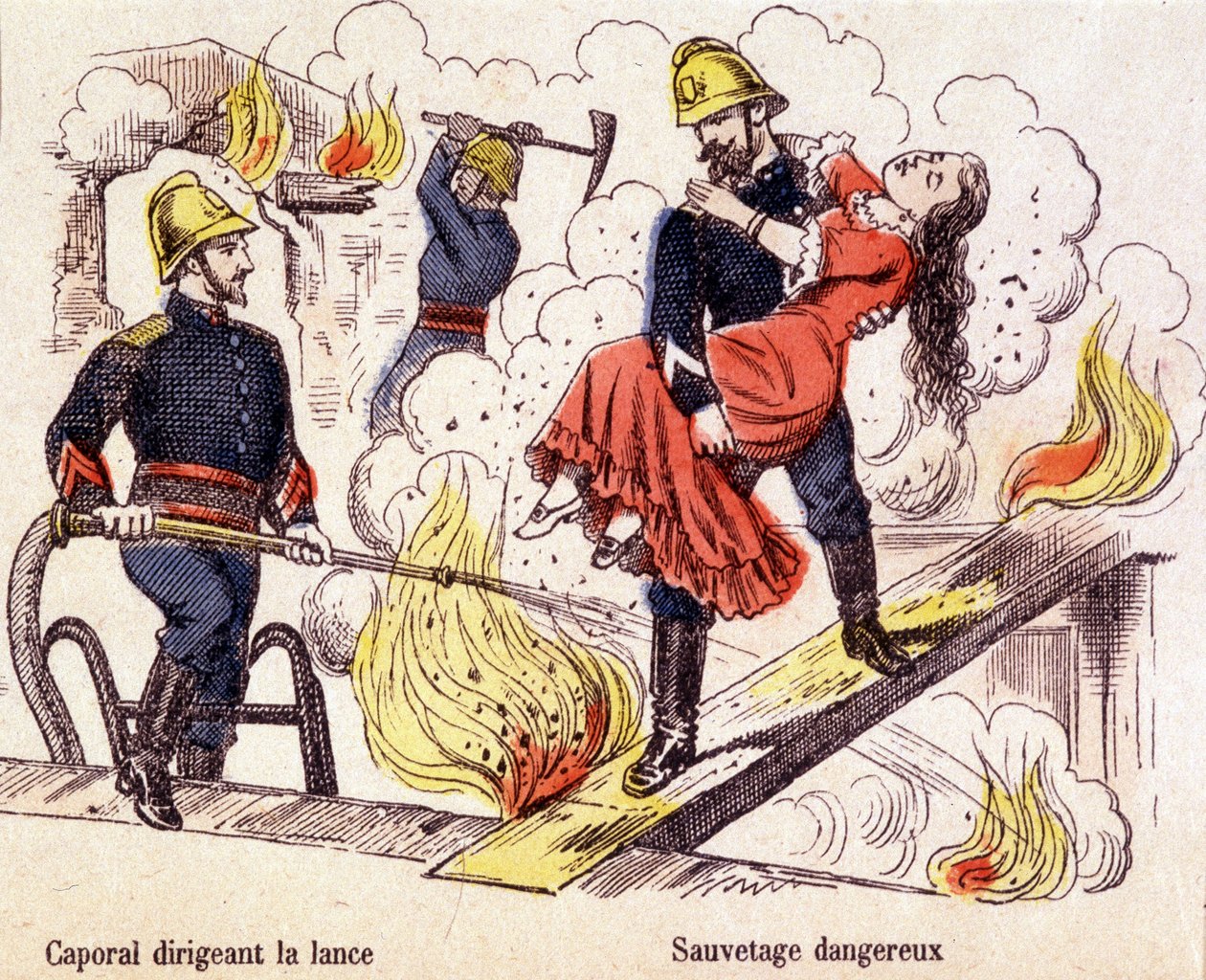 Hasič zachraňuje mladou ženu z plamenů požáru. od Unknown artist
