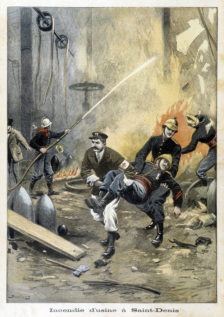 Hasiči zasahující při požáru v Usine v Saint Denis. Ilustrace „Petity Journal“ z roku 1899. od Unknown artist