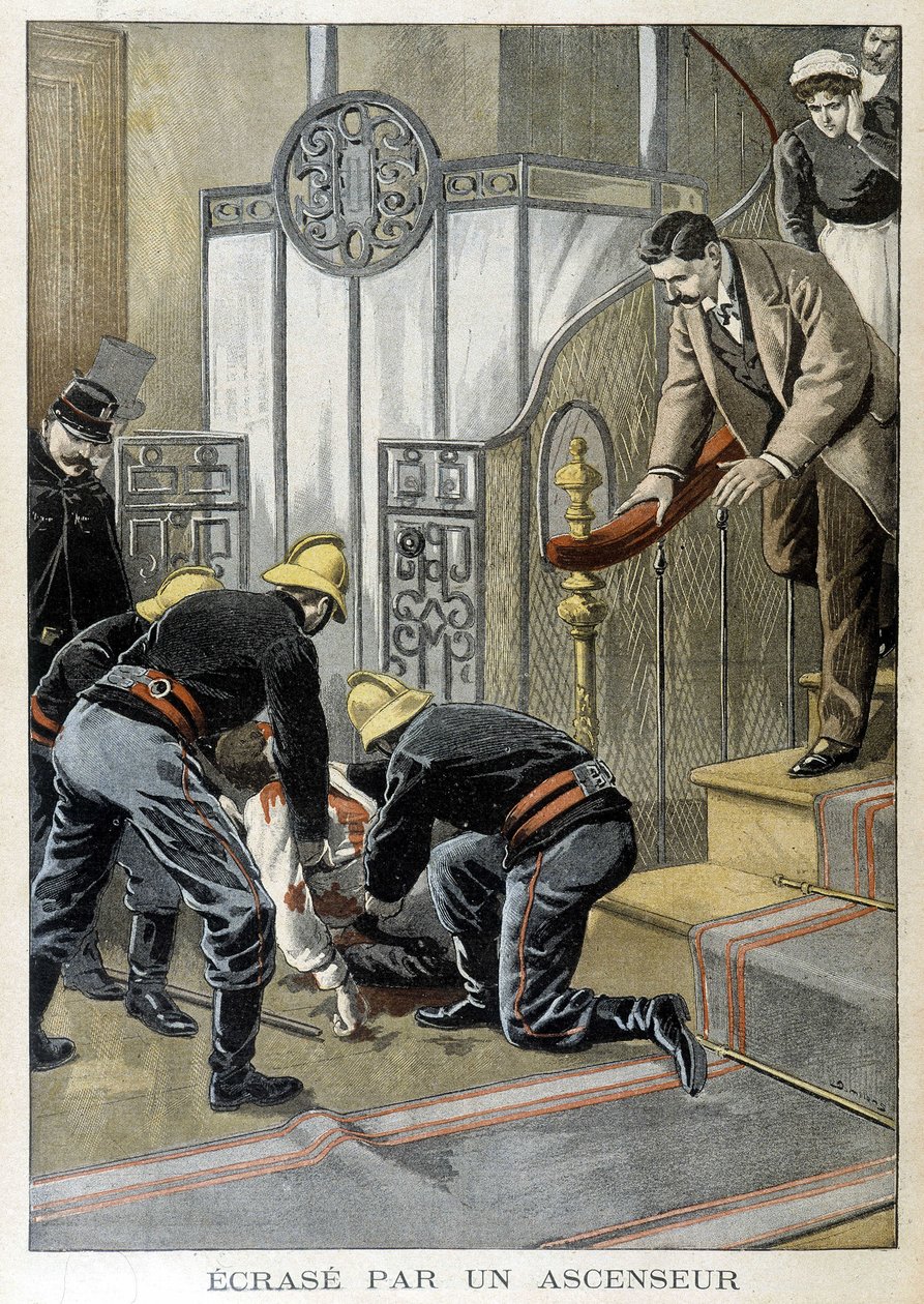 Hasiči zachraňující muže havarovali u výtahu v pařížské budově. Ilustrace „Malý žurnál“ z roku 1899. od Unknown artist
