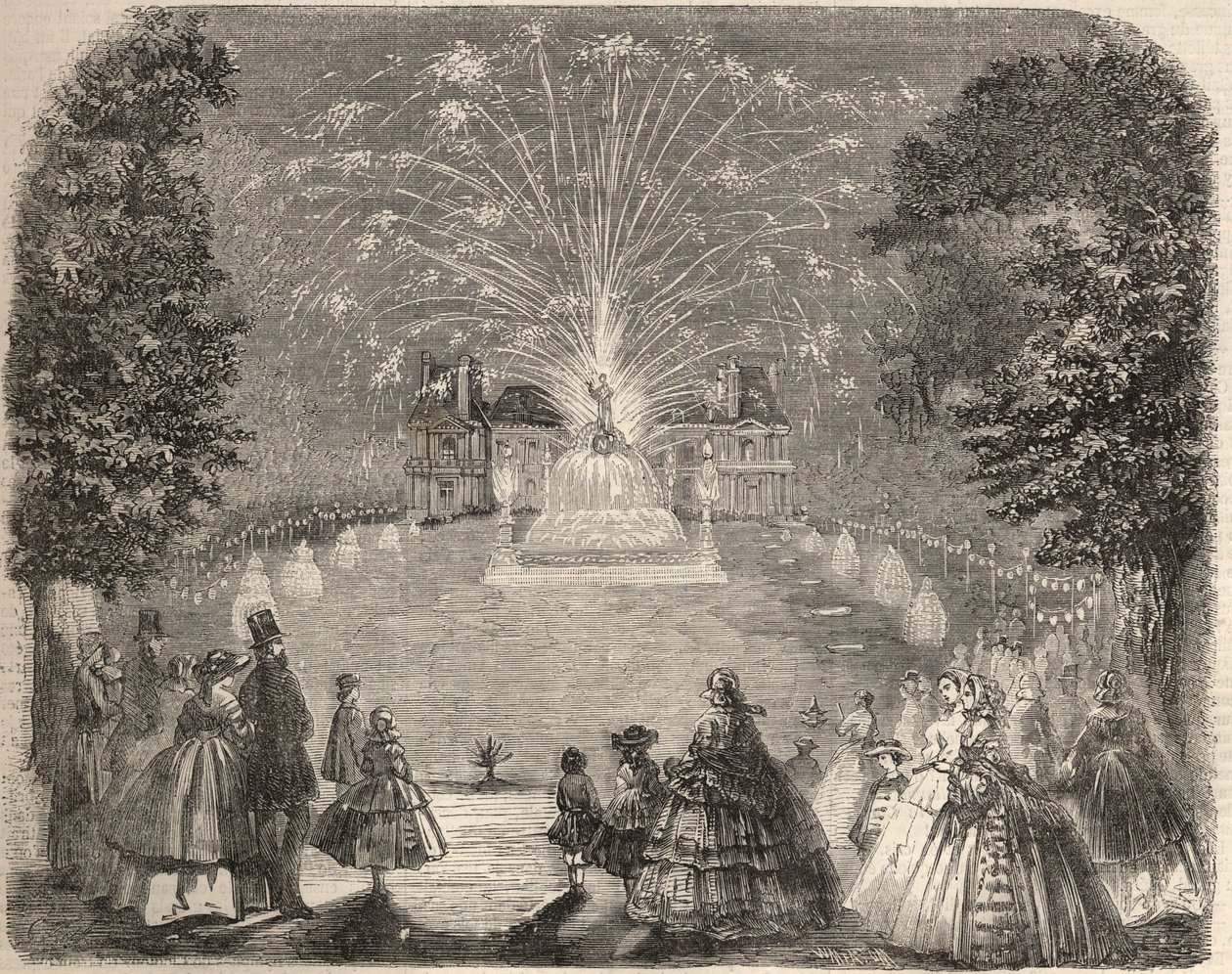Ohňostroj a osvětlení zámku Maison Laffitte (House-Laffitte) večer soutěže zemědělského výboru. Rytina v „Le Monde illustrious““ z roku 1857. Soukromá sbírka. od Unknown artist