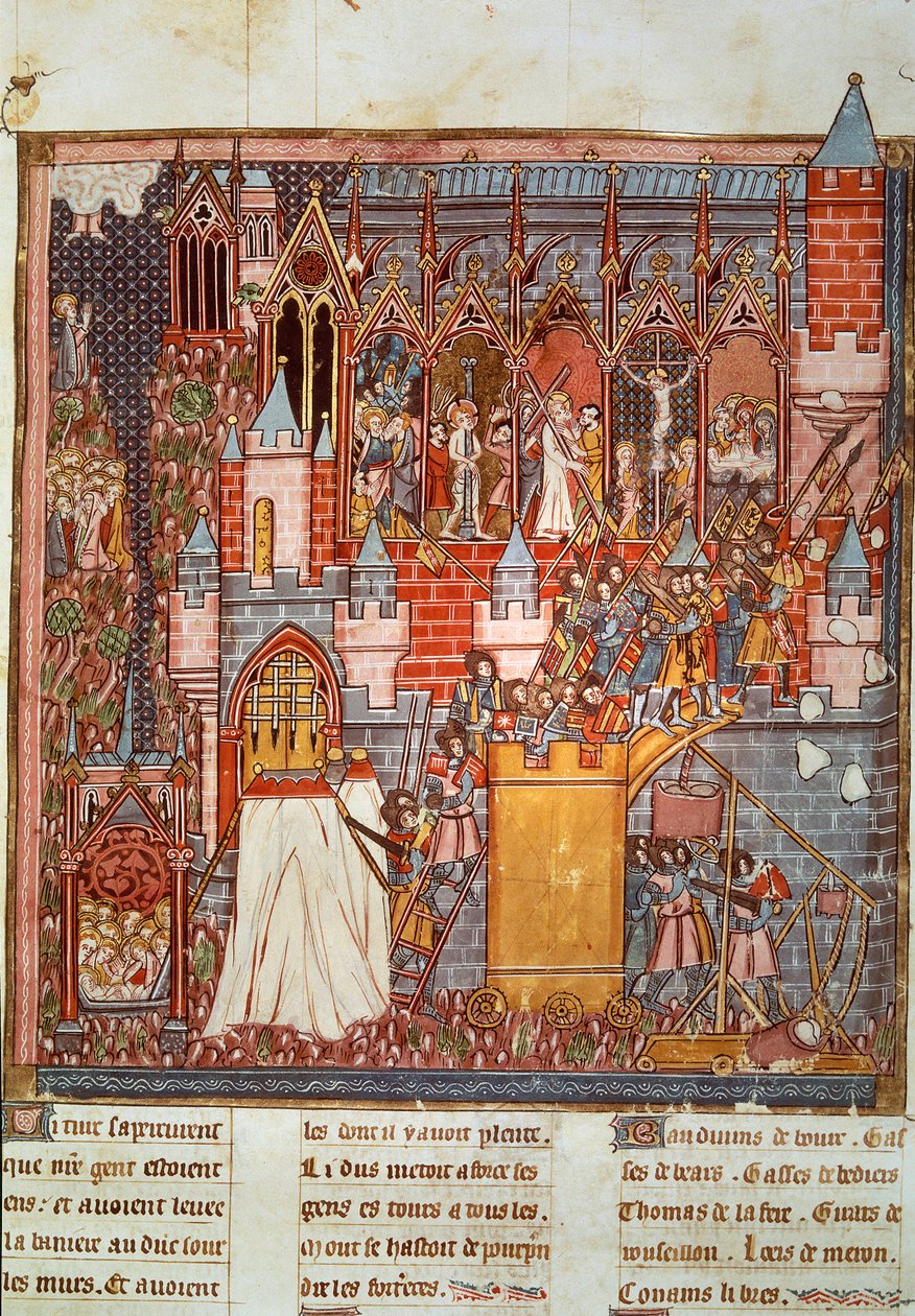První křížová výprava: obléhání a dobytí Jeruzaléma přes přechody vedené Godefroyem de Bouillon (1058-1100) v roce 1099. Miniatura z „Chronicles d