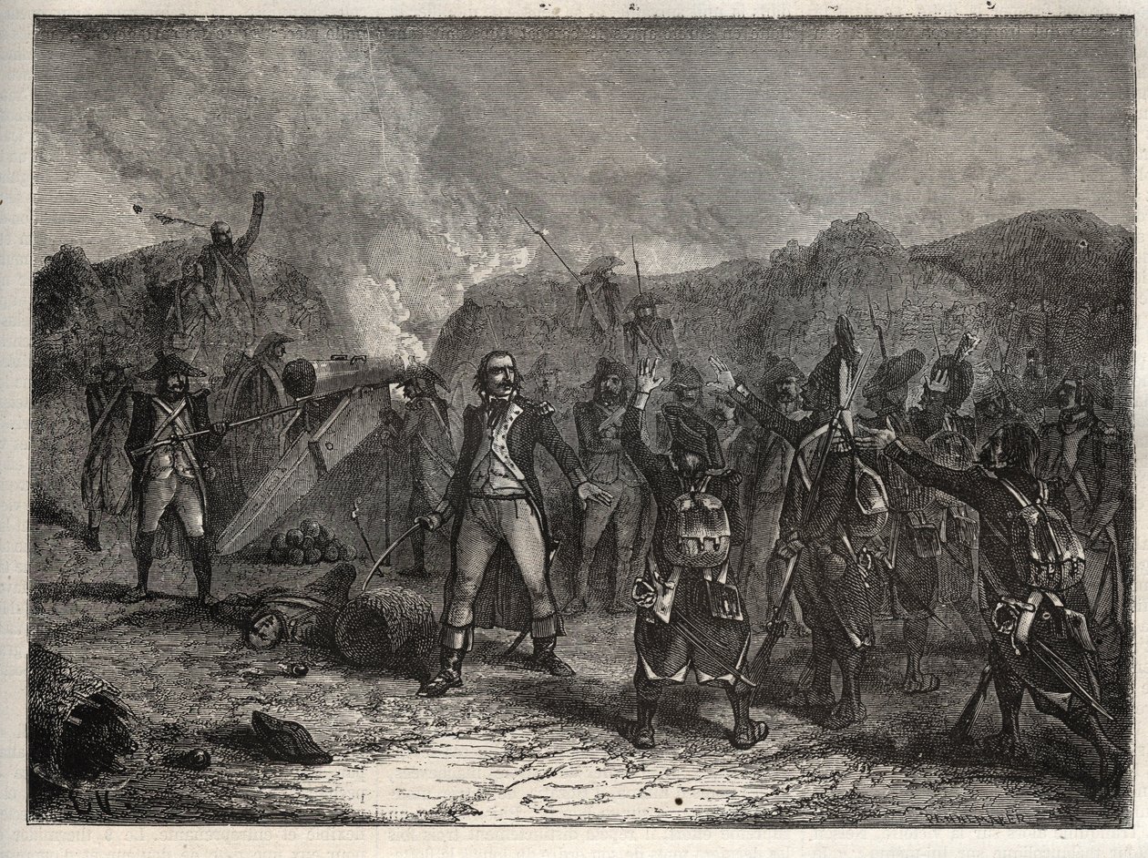 První koalice: plukovník Antoine Guillaume (Antoine-Guillaume) Rampon (1759-1842) v bitvě u Montenotte dne 12. dubna 1796, během italského tažení proti francouzským jednotkám Napoleona Bonaparta proti rakouským a sardinským armádám - Francouzi od Unknown artist