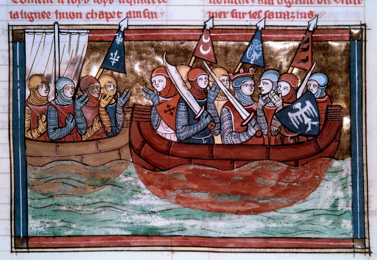 První křížová výprava: Godefroi de Bouillon (1060-1100) a plavby do Svaté země. Miniatura z “” Roman De Godefroy De Bouillon et de Saladin”” od Unknown artist