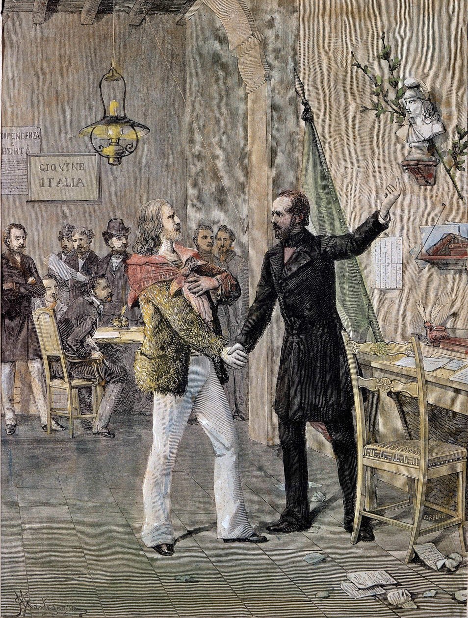 První setkání mezi Giuseppe Garibaldi a Giuseppe Mazzini v Marseille v roce 1833 (rytina) od Unknown artist