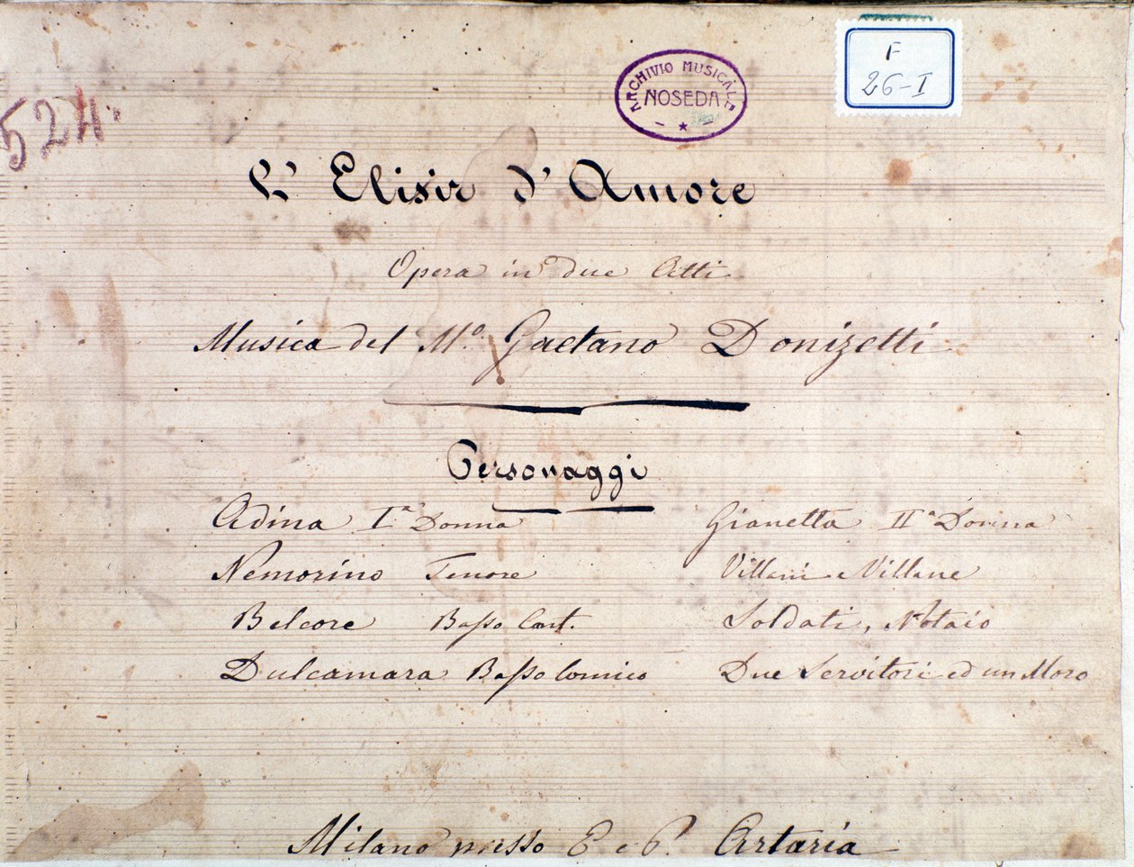 První strana notového záznamu k opeře The elixir of love od Gaetana Donizettiho od Unknown artist