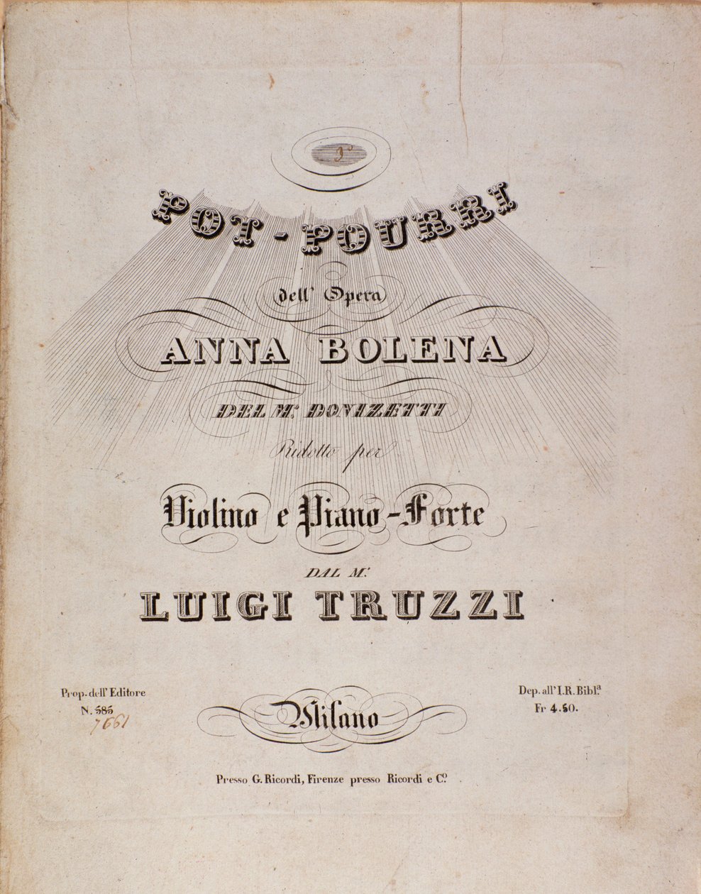 První strana notového záznamu pot pourri Anny Boleny, opera Gaetana Donizettiho od Unknown artist