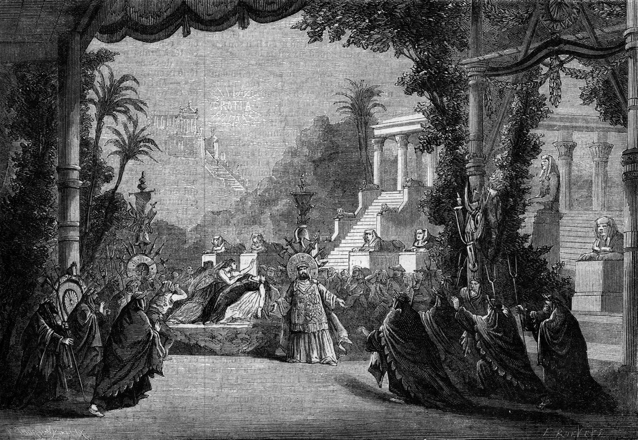 První provedení opery Hectora Berlioze „Les Troyens“ v pařížském divadle opery v roce 1863. 5. dějství: Smrt Didon. od Unknown artist