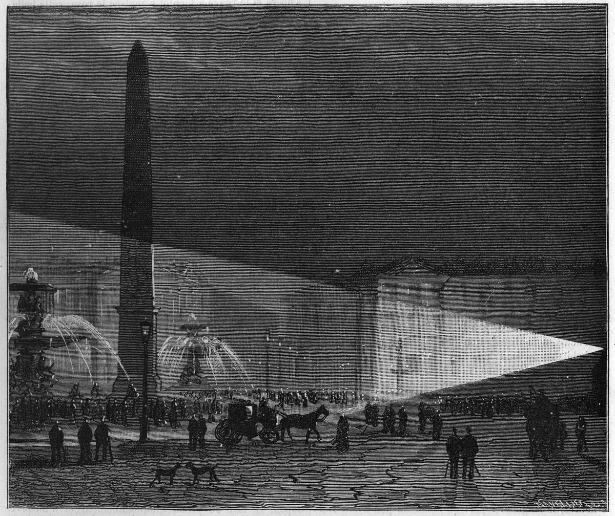 První veřejná zkušenost s elektrickým osvětlením vyrobeným v Paříži na Place de la Concorde od Deleuila a Leona Foucaultových v prosinci 1844. v „“ La Nature. Přehled věd a jejich aplikací v umění a průmyslu.“ od Unknown artist