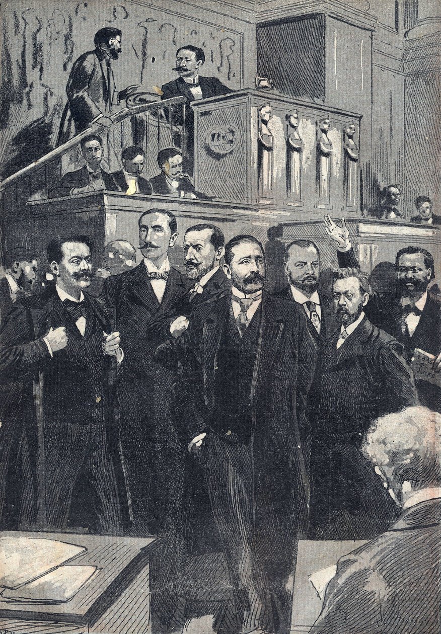 První zasedání Poslanecké sněmovny zvoleno v roce 1898: Paul Deschanel (1855-1922), předseda Poslanecké sněmovny. Paul Adolphe Granier de Cassagnac (1842-1904), Lucien Millevoye (1850-1918), Paul Deroulede (1846-1914), Jacques Piou (1838-1932), Eugen od Unknown artist