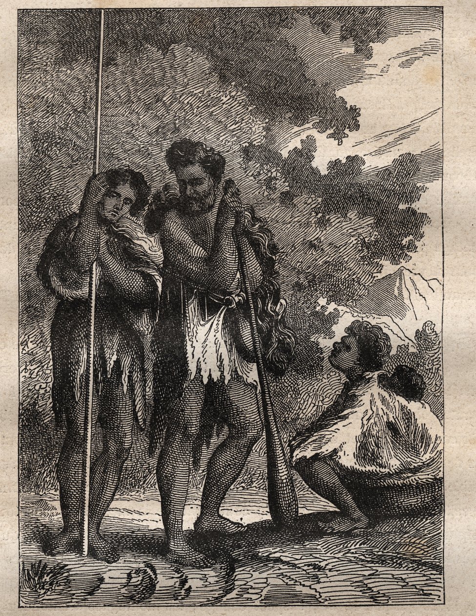 První plavba (1768-1771) kapitána Jamese Cooka (1728-1779): novozélandská rodina (Neo Zelandaise) - ilustrace převzata z „Velkých námořníků 18. století““ od Unknown artist