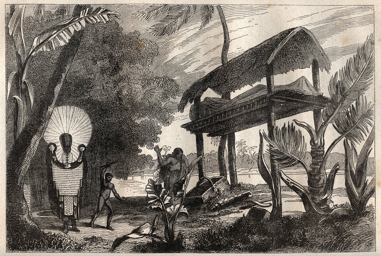 První plavba (1768-1771) kapitána Jamese Cooka (1728-1779): fia-toka (fia toka), pohřební budova na Tahiti - ilustrace převzata z „“Velkých námořníků 18. století““ od Unknown artist