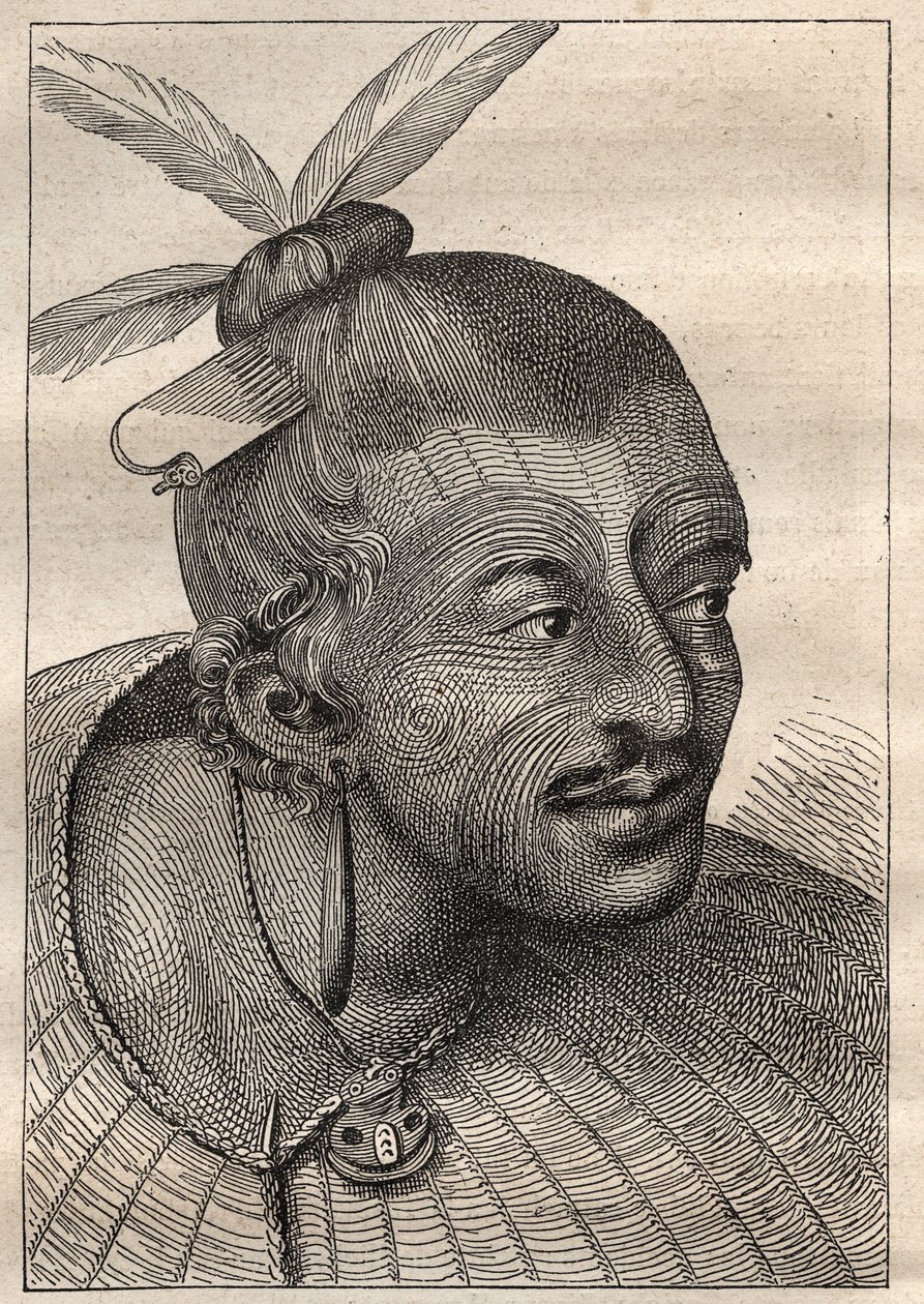 První plavba (1768-1771) kapitána Jamese Cooka (1728-1779): vytetovaná hlava Neo-Zelandais (Neo Zelandais) - ilustrace převzata z „Velkých námořníků 18. století““ od Unknown artist