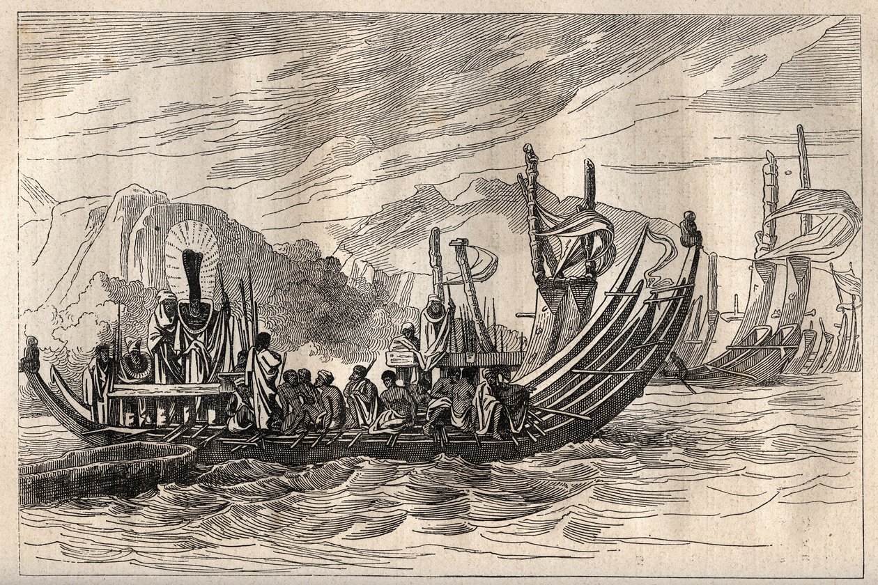 První plavba (1768-1771) kapitána Jamese Cooka (1728-1779): Tahitská flotila se shromáždila v Oparee - ilustrace převzata z „Velkých námořníků 18. století““ od Unknown artist