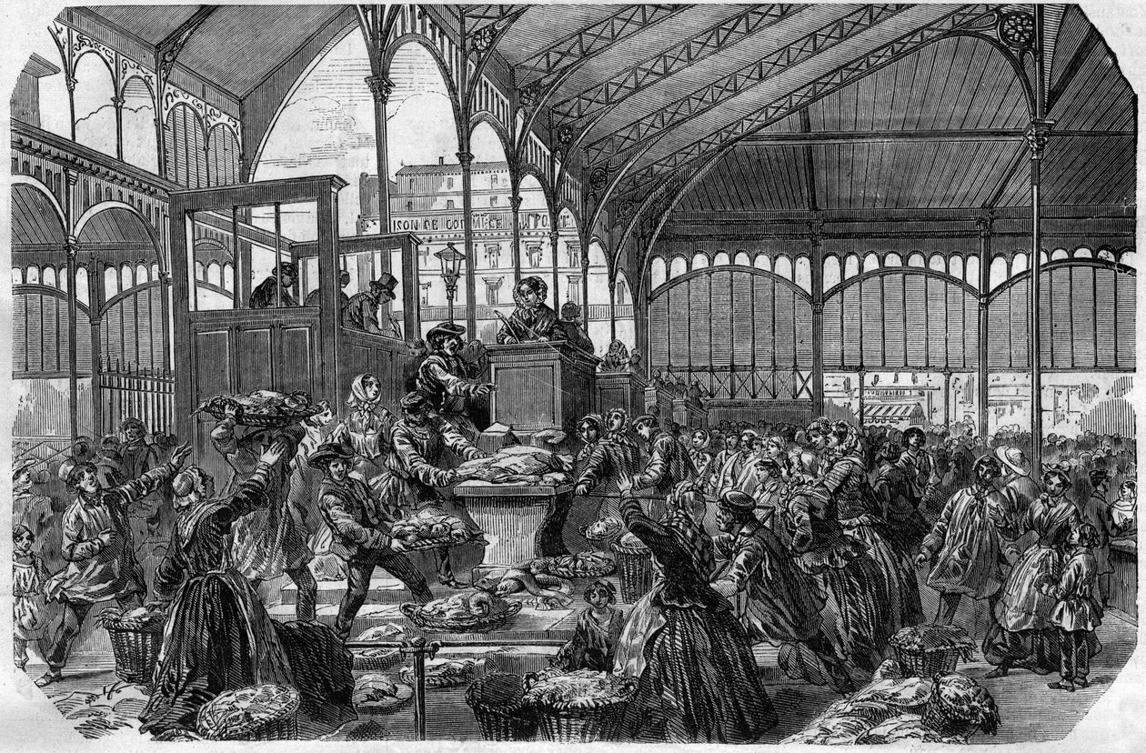 Rybí trh - Velkoobchodní rybí trh v Paříži v roce 1870 od Unknown artist