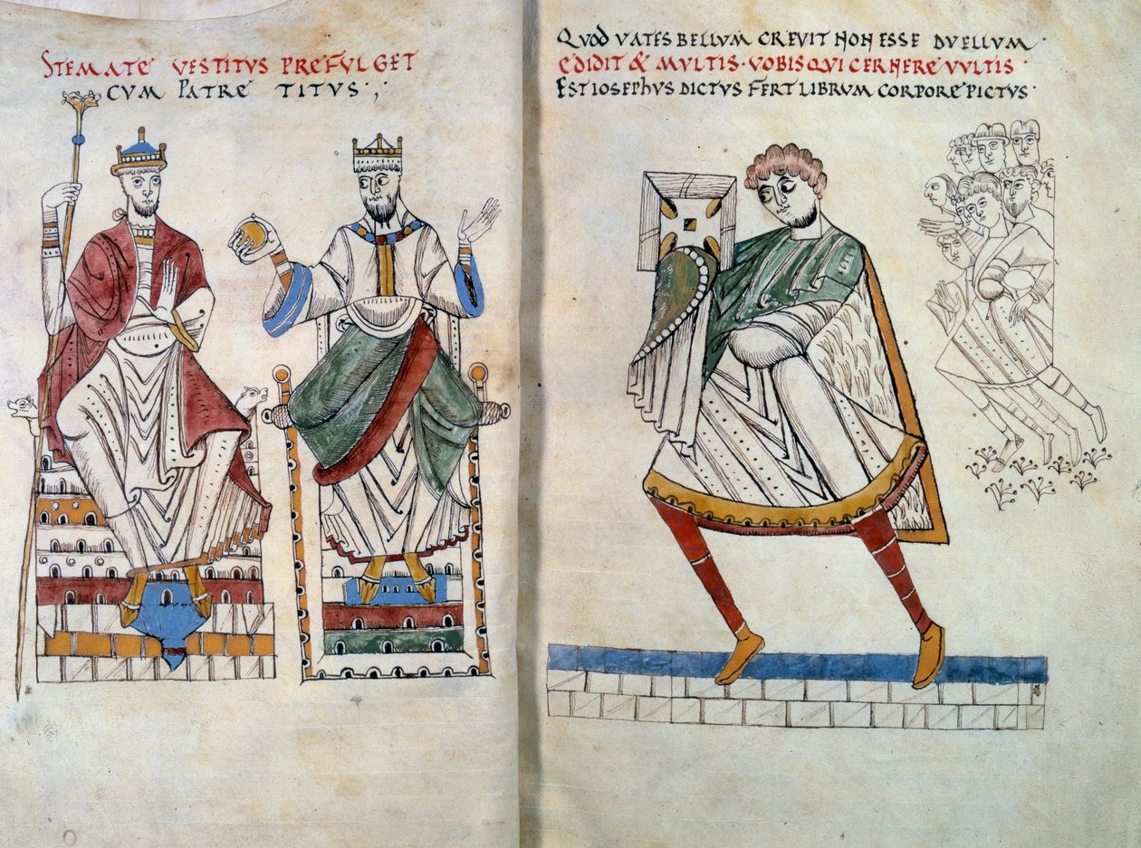 Flavius Josephe (původně Yossef ben Matityahu, řecky mluvící židovský historik (37-100) nabízející svou knihu císařům Titovi a Vespasianovi. Miniatura převzata z „“ De Bello Judaico (Válka Židů) „“ (folio 2 a 3) od Unknown artist